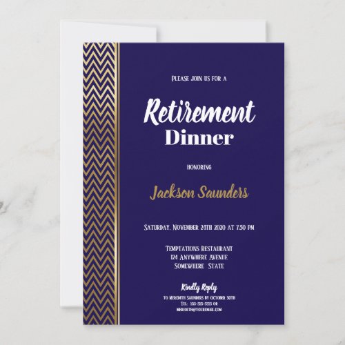 Navy Blue and Gold Retirement Dinner Party Invitation
