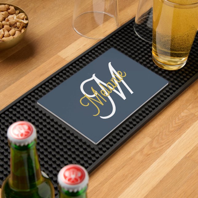 Navy Blue and Gold Retro Monogram Bar Mat (Insitu (Bar 2))