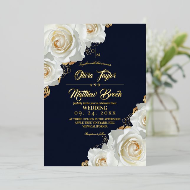  Navy Blue and Gold Roses Floral Wedding Foil Invitation (Standing Front)