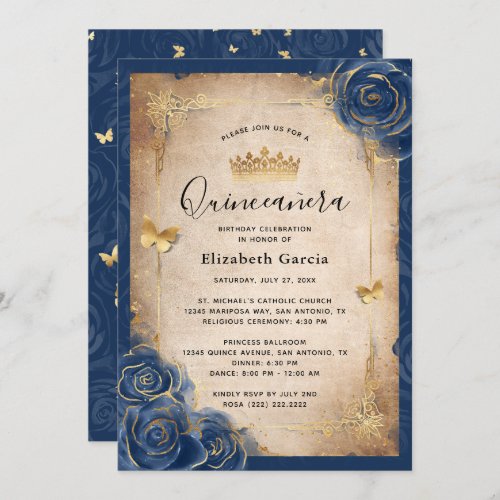Navy Blue and Gold Royal Rose Elegant Quinceanera Invitation