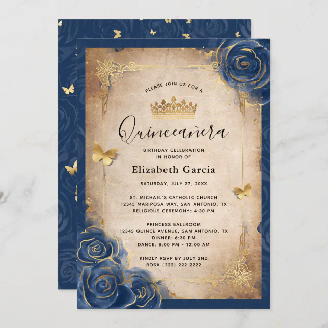 Navy Blue and Gold Royal Rose Elegant Quinceanera Invitation | Zazzle