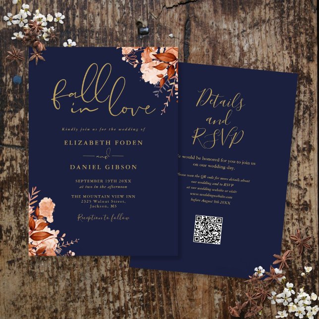 Navy Blue And Gold Rustic Floral QR Code Wedding Invitation (Navy Blue And Gold Rustic Floral QR Code Wedding Invitation)