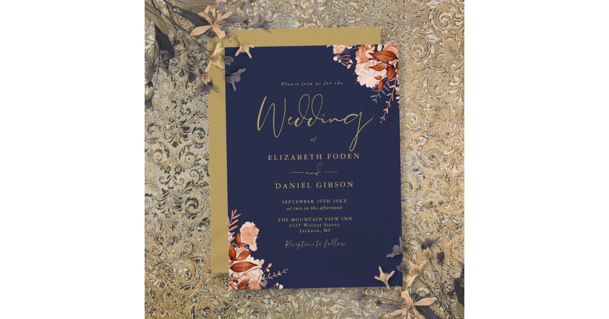 Navy Blue And Gold Rustic Floral Wedding Invitation | Zazzle