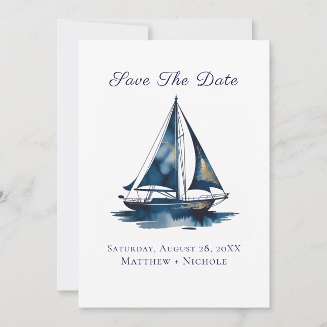 Navy Blue and Gold Sailboat Nautical Wedding Save The Date (Front)