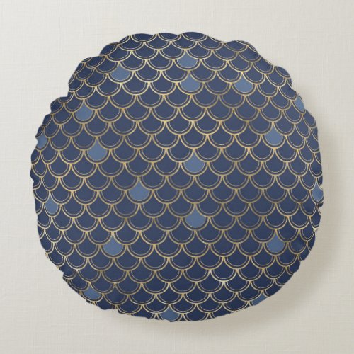 Navy Blue and Gold Scale design Round Pillow