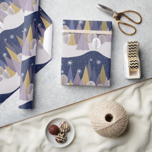 Navy Blue and Gold Scandinavian Christmas Trees Wrapping Paper