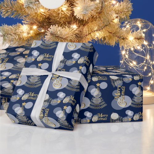 Navy Blue and Gold Scribble Christmas Tree Wrapping Paper