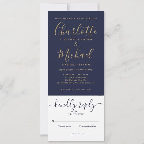 Navy Blue And Gold Script All In One Photo Wedding Invitation