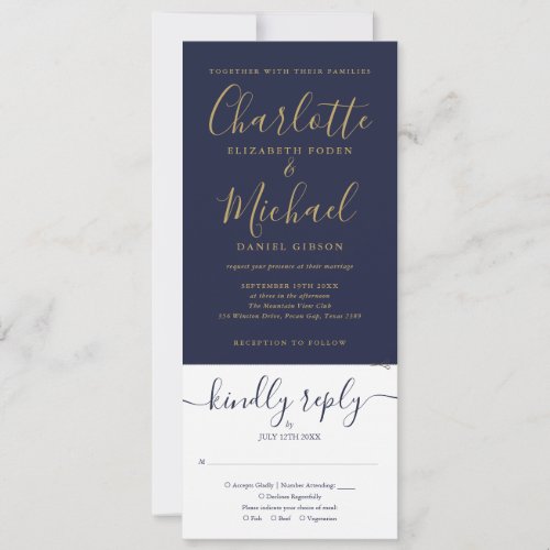 Navy Blue And Gold Script All In One Wedding Invitation