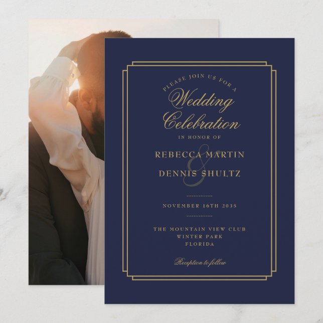 Navy Blue and Gold Script Art Deco Photo Wedding Invitation (Front/Back)