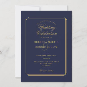 Navy Blue and Gold Script Art Deco Wedding Invitation