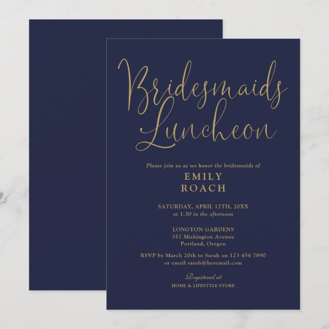 Navy Blue And Gold Script Bridesmaids Luncheon Invitation (Front/Back)