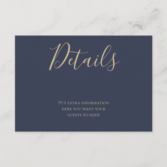 Navy Blue and Gold Script Details Information Card (Front)