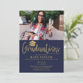 Navy Blue And Gold Script Graduation Party 2 Photo Invitation (Standing Front)