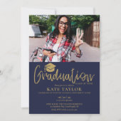 Navy Blue And Gold Script Graduation Party 2 Photo Invitation (Front)