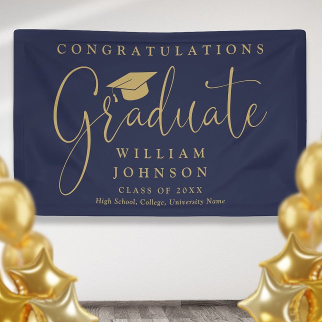 Navy Blue And Gold Script Graduation Party Banner (Navy Blue And Gold Script Graduation Party Banner)