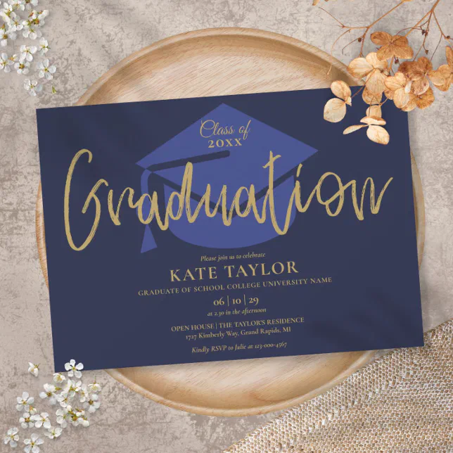 Navy Blue And Gold Script Graduation Party Invitation | Zazzle