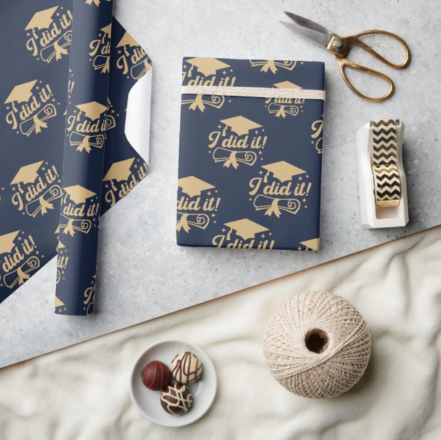 Navy Blue and Gold script  I did it Graduation Wrapping Paper (Crafts)