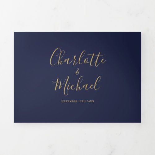 Navy Blue And Gold Script Minimalist Photo Wedding Tri_Fold Invitation