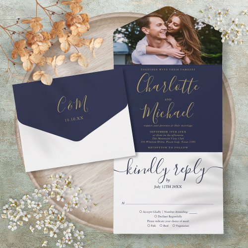 Navy Blue And Gold Script Monogram Photo Wedding All In One Invitation