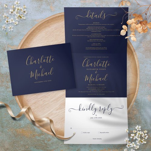 Navy Blue And Gold Script Monogram Wedding Tri_Fold Invitation