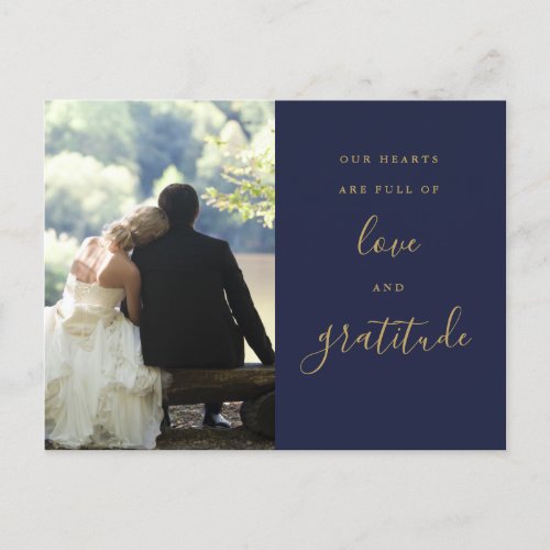 Navy Blue And Gold Script Photo Wedding Thank You Postcard