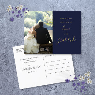 Navy Blue And Gold Script Photo Wedding Thank You Postcard