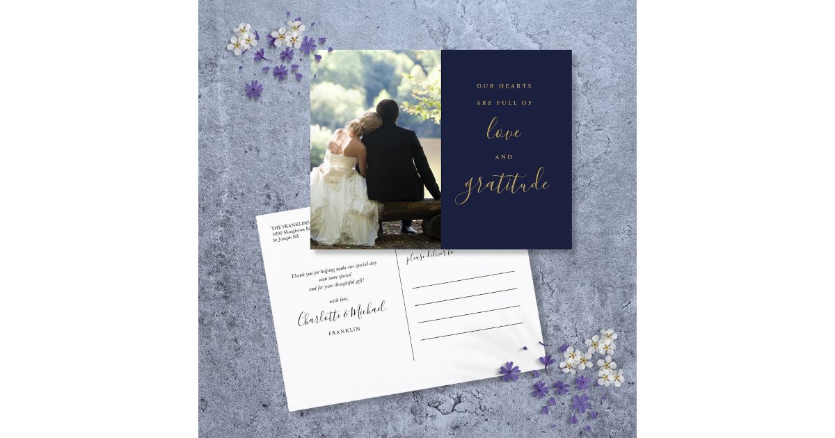 Navy Blue And Gold Script Photo Wedding Thank You Postcard | Zazzle