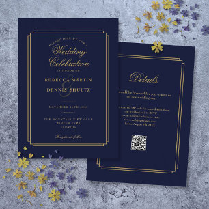 Navy Blue and Gold Script QR Code Art Deco Wedding Invitation