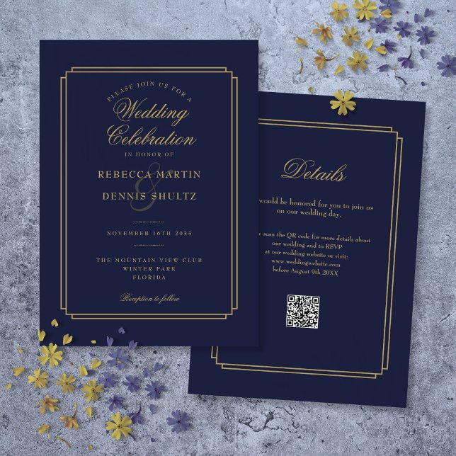 Navy Blue and Gold Script QR Code Art Deco Wedding Invitation (Navy Blue and Gold Script QR Code Art Deco Wedding Invitation)