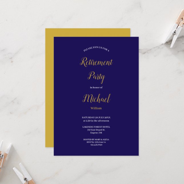 Navy Blue And Gold Script Retirement Party Invitation (Front/Back In Situ)