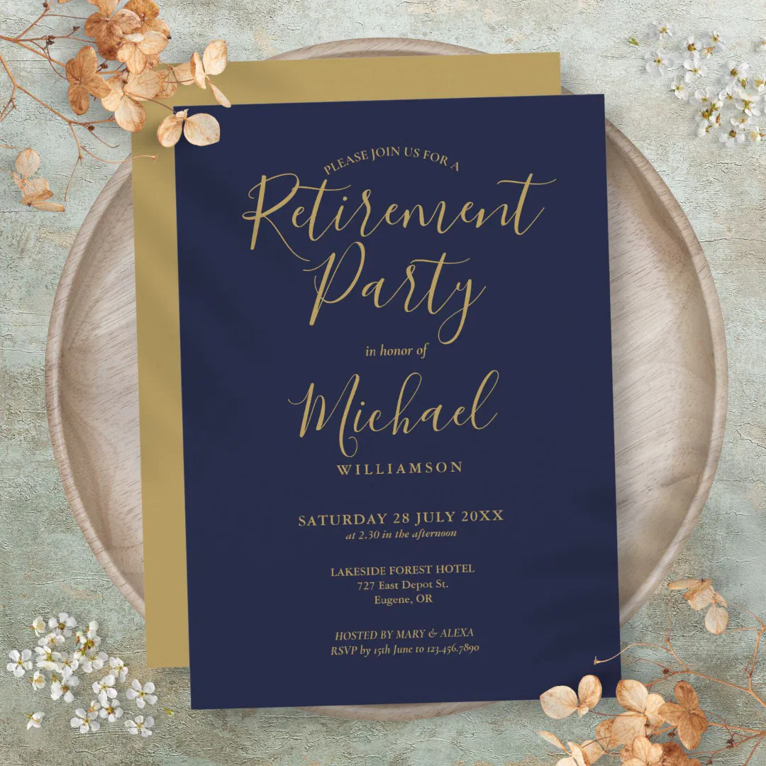 Navy Blue And Gold Script Retirement Party Invitation (Navy Blue And Gold Script Retirement Party Invitation)