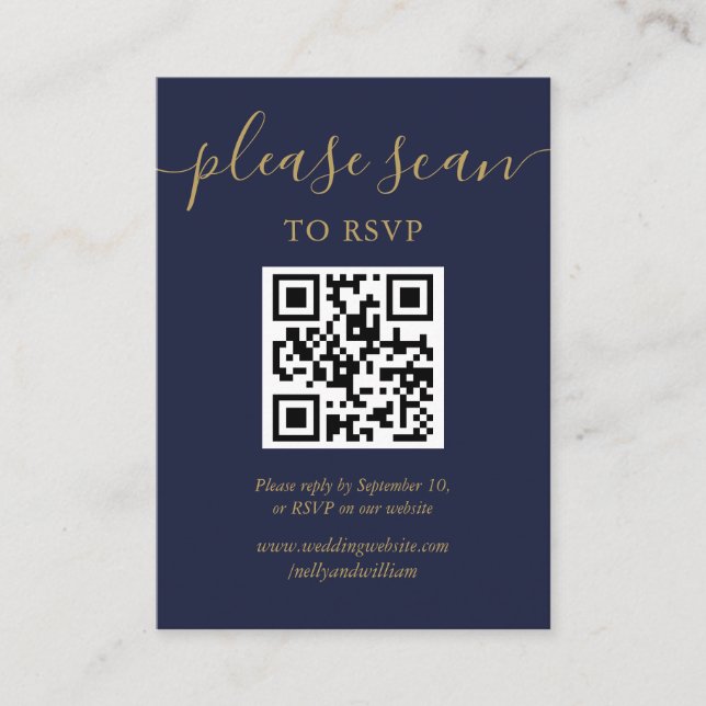 Navy Blue And Gold Script RSVP QR Code Enclosure Card (Front)