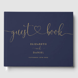 Navy Blue And Gold Script Script Wedding Guest Book