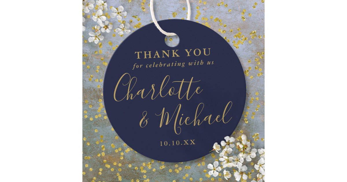 Navy Blue And Gold Script Wedding Thank You Favor Tags | Zazzle