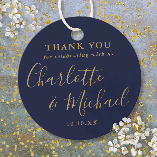 Navy Blue And Gold Script Wedding Thank You Favor Tags | Zazzle