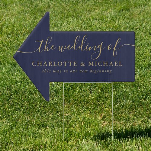 Navy Blue And Gold Script Wedding This Way Arrow Sign