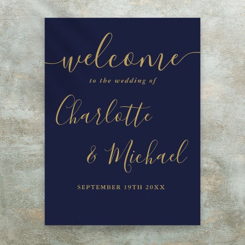 Navy Blue And Gold Script Wedding Welcome Sign