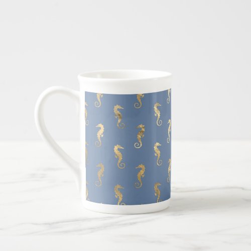 Navy Blue and Gold Seahorse design Bone China Mug