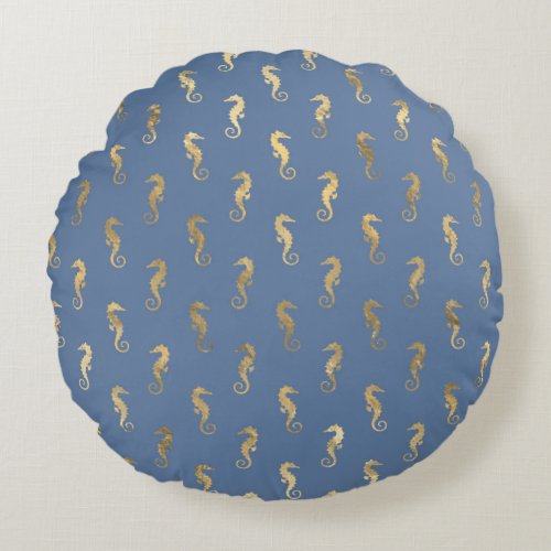 Navy Blue and Gold Seahorse design Round Pillow