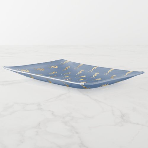 Navy Blue and Gold Seahorse design Trinket Tray