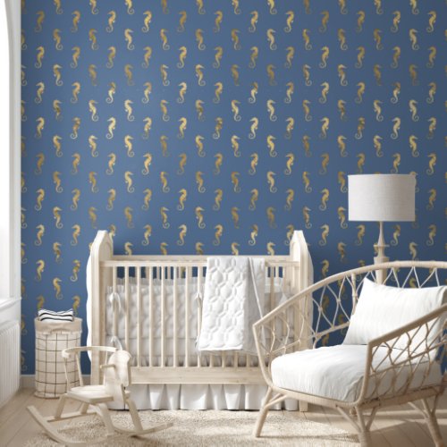 Navy Blue and Gold Seahorse design Wallpaper