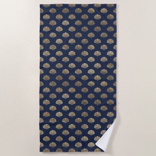 Navy Blue and Gold Shell design Beach Towel