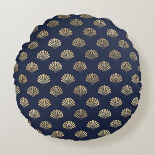 Navy Blue and Gold Shell design Round Pillow