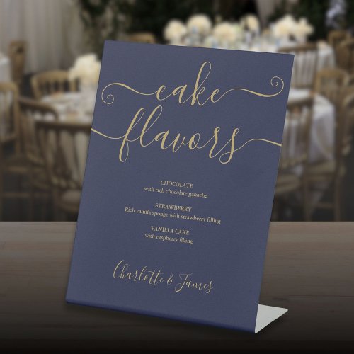 Navy Blue And Gold Signature Script Cake Flavors Pedestal Sign