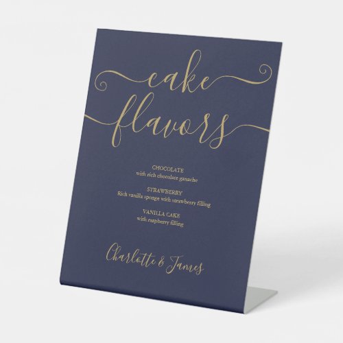 Navy Blue And Gold Signature Script Cake Flavors Pedestal Sign