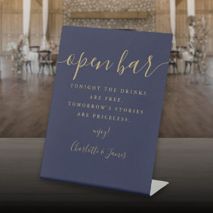 Navy Blue And Gold Signature Script Open Bar Pedestal Sign