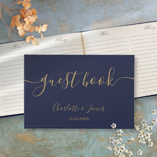 Navy Blue And Gold Signature Script Wedding Guest Book