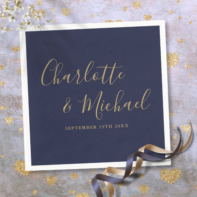 Navy Blue And Gold Signature Script Wedding Napkins (Navy Blue And Gold Signature Script Wedding Napkins)