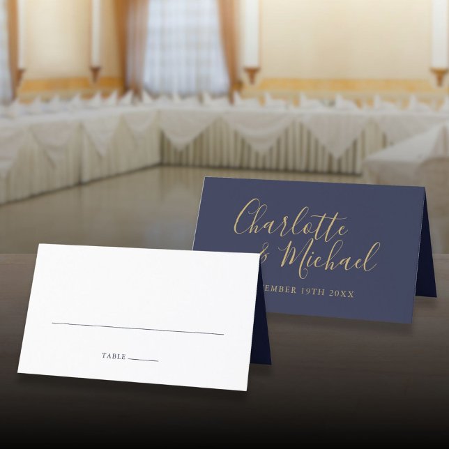 Navy Blue And Gold Signature Script Wedding Place Card (Navy Blue And Gold Signature Script Wedding Place Card)